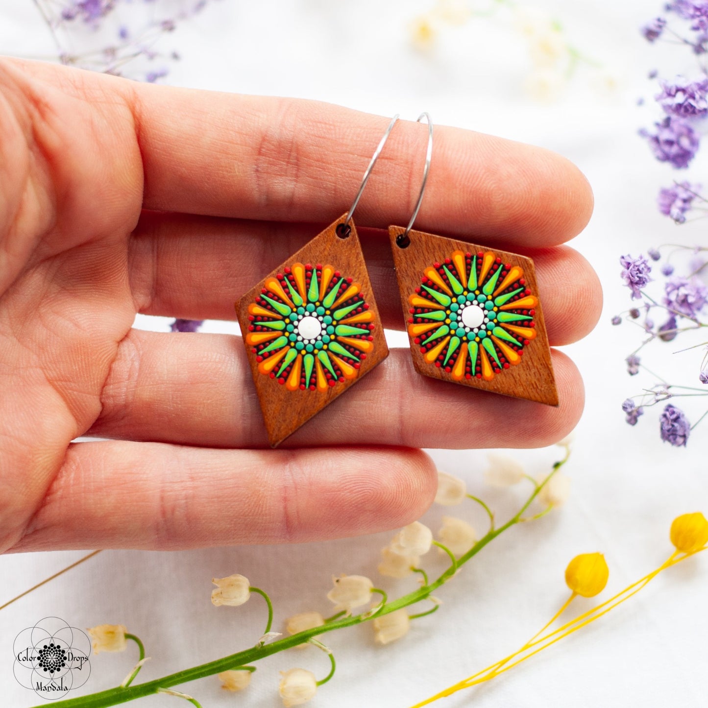 Cercei mandala "Summer groove" - Verde & Portocaliu