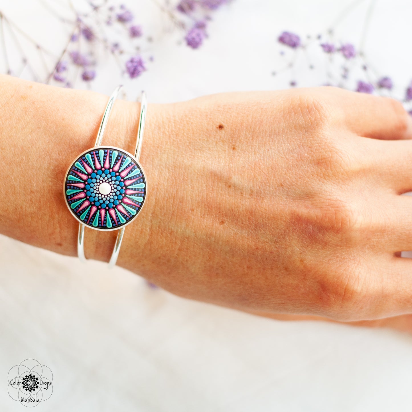 Brățară Mandala "Flower power" - Turcoaz & Roz