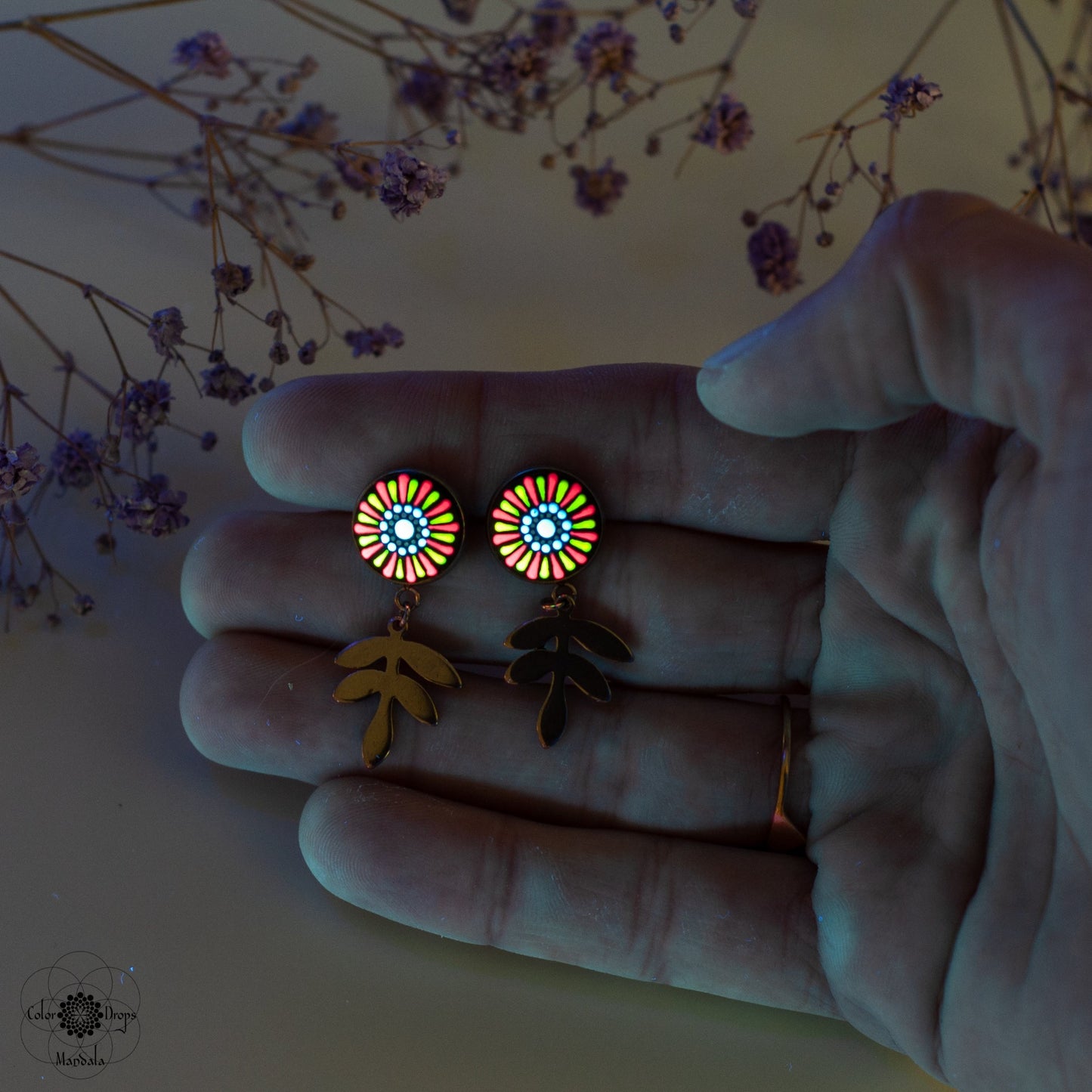 Cercei Mandala "Neon spark" - Roșu & Galben