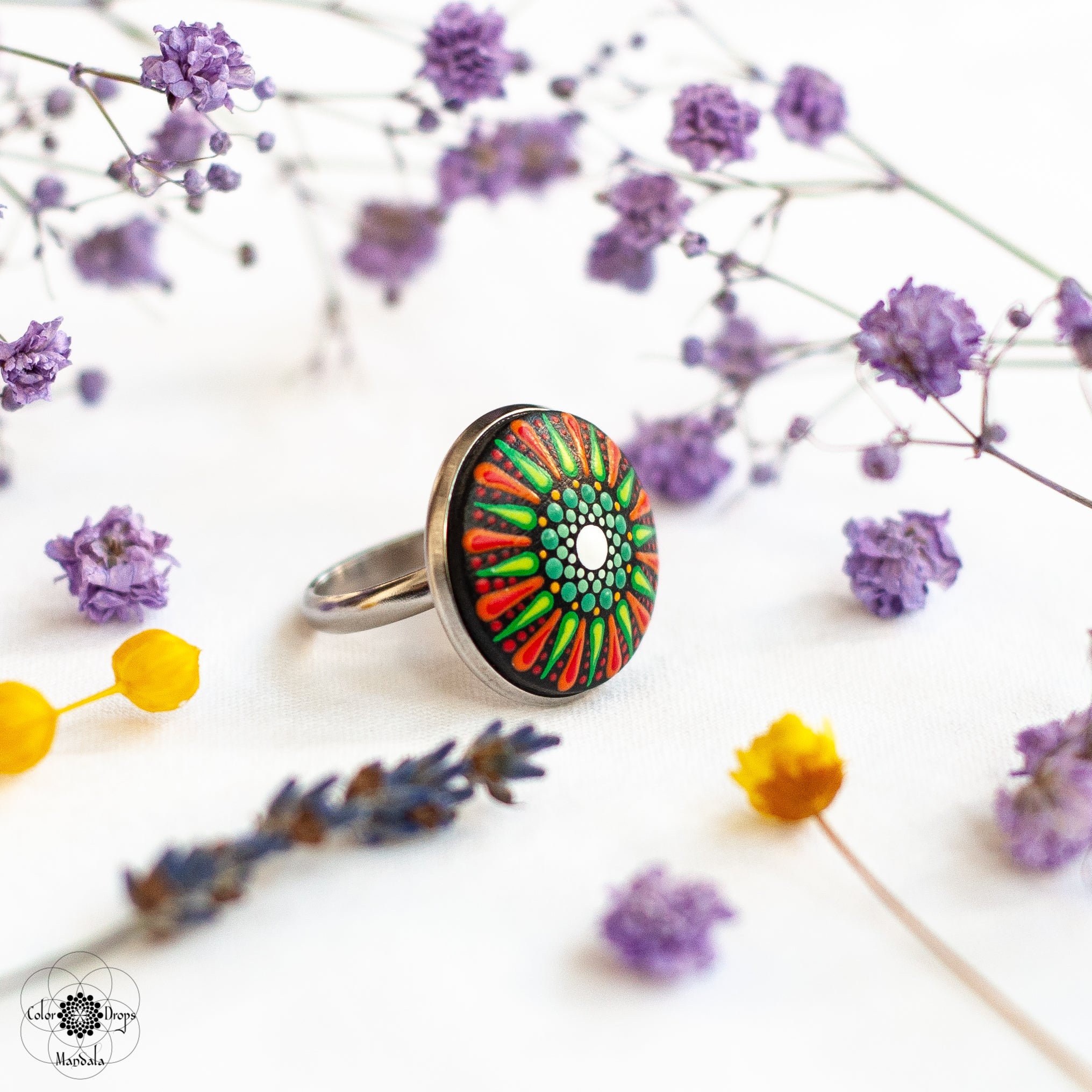 Inel Mandala "Flower power" - Portocaliu & Verde