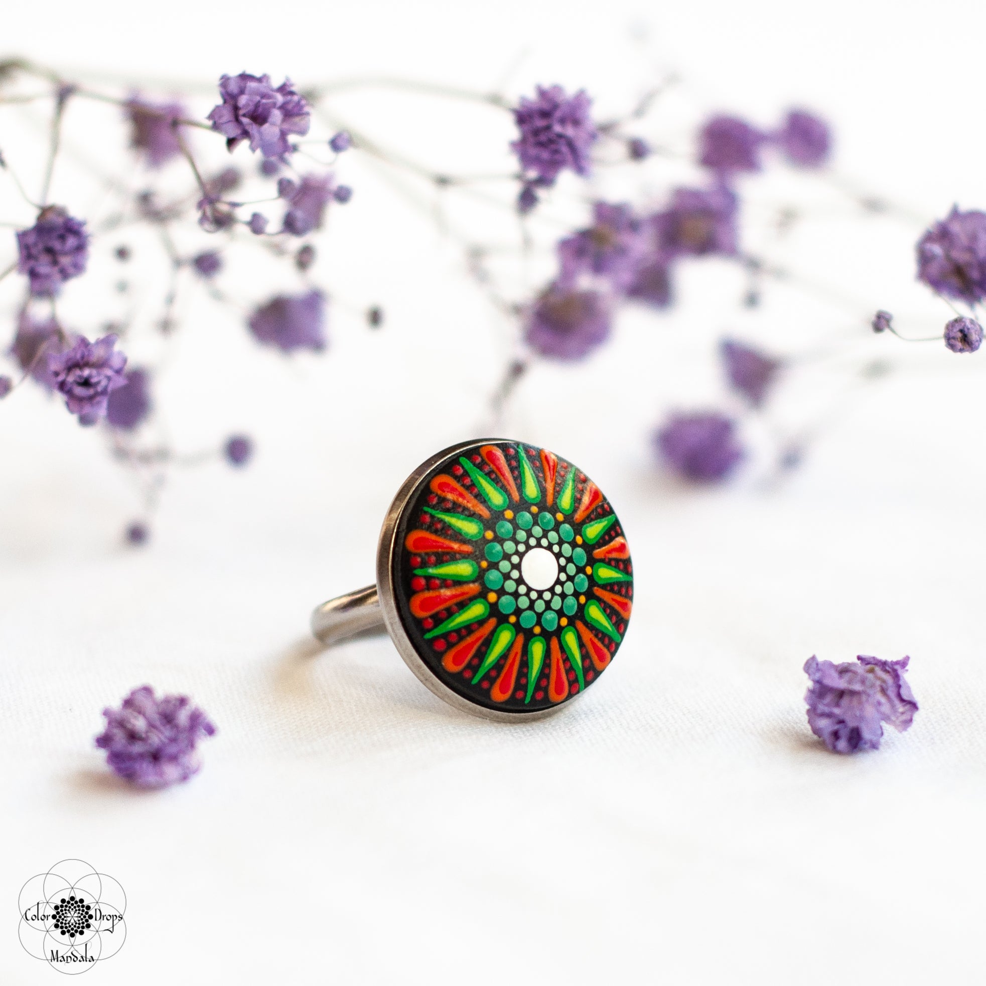 Inel Mandala "Flower power" - Portocaliu & Verde