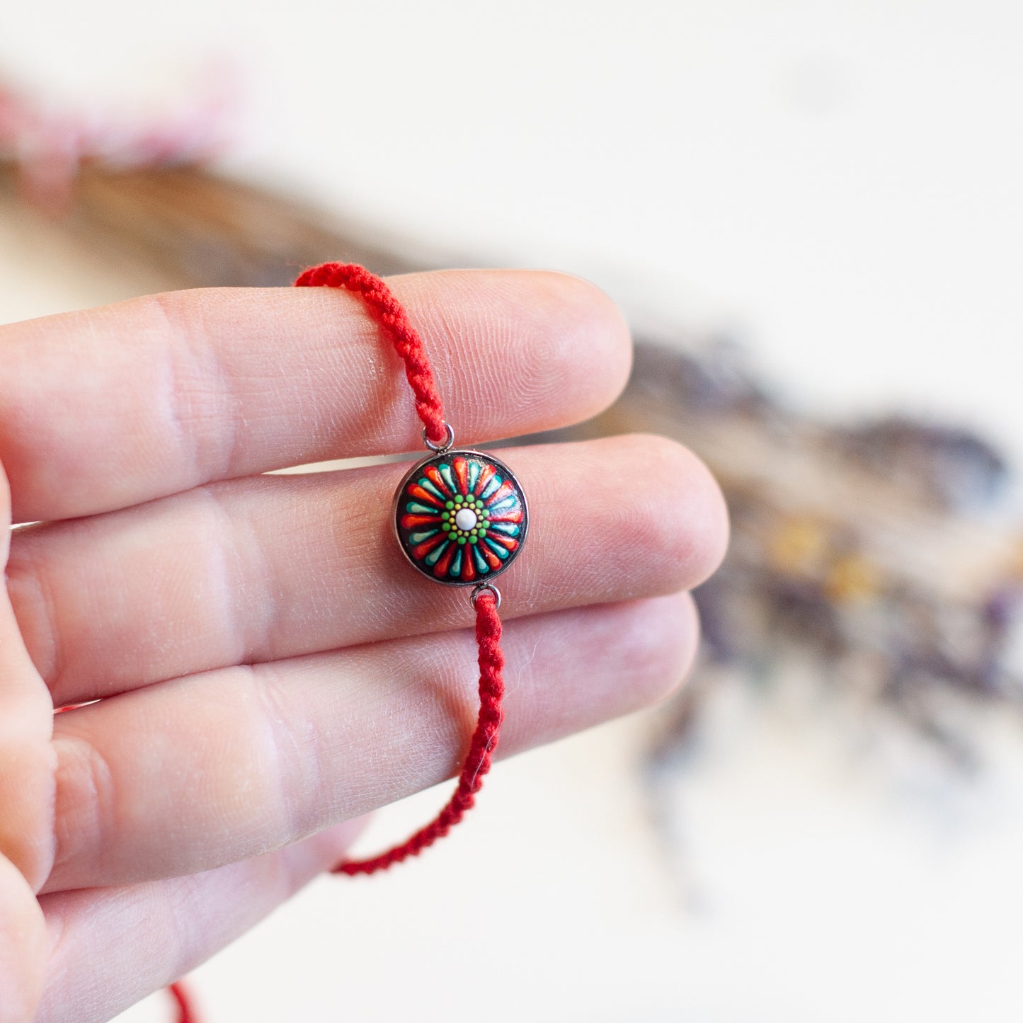 Brățară Mandala cu șnur din bumbac - Roșu & Verde
