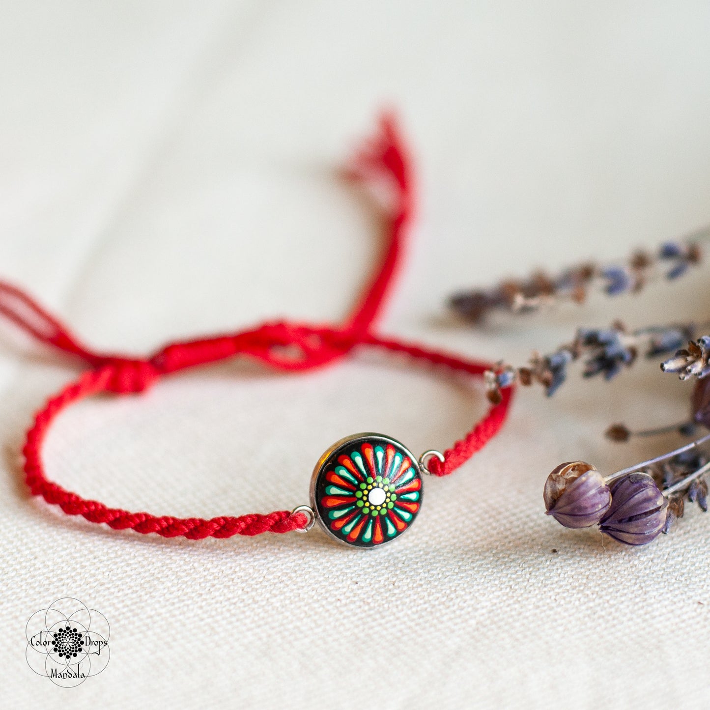 Brățară Mandala cu șnur din bumbac - Roșu & Verde