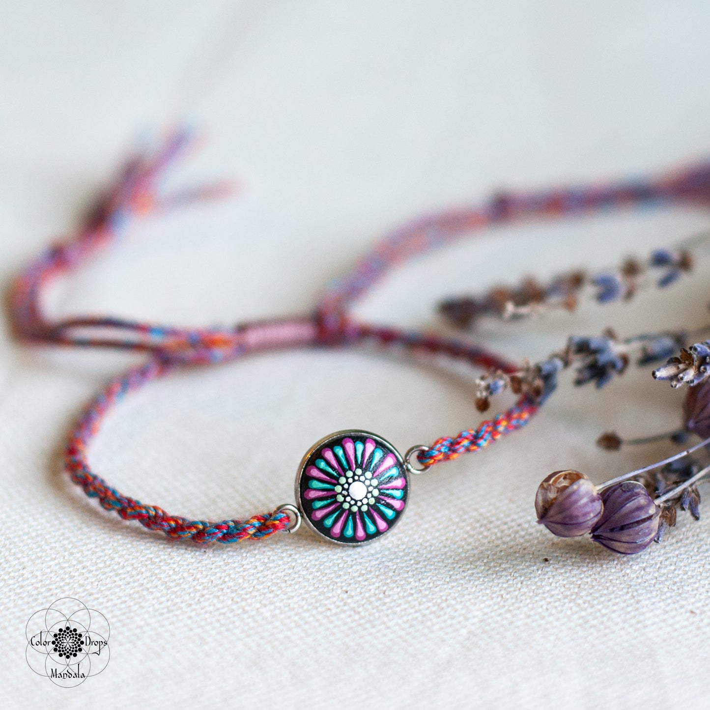 Brățară Mandala cu șnur din bumbac - Roz & Turcoaz