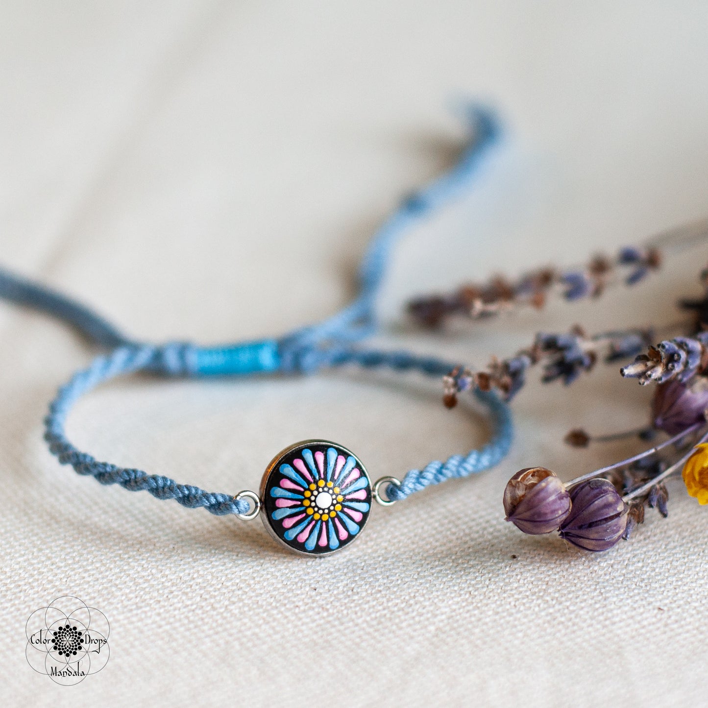 Brățară Mandala cu șnur din bumbac - Albastru & Roz