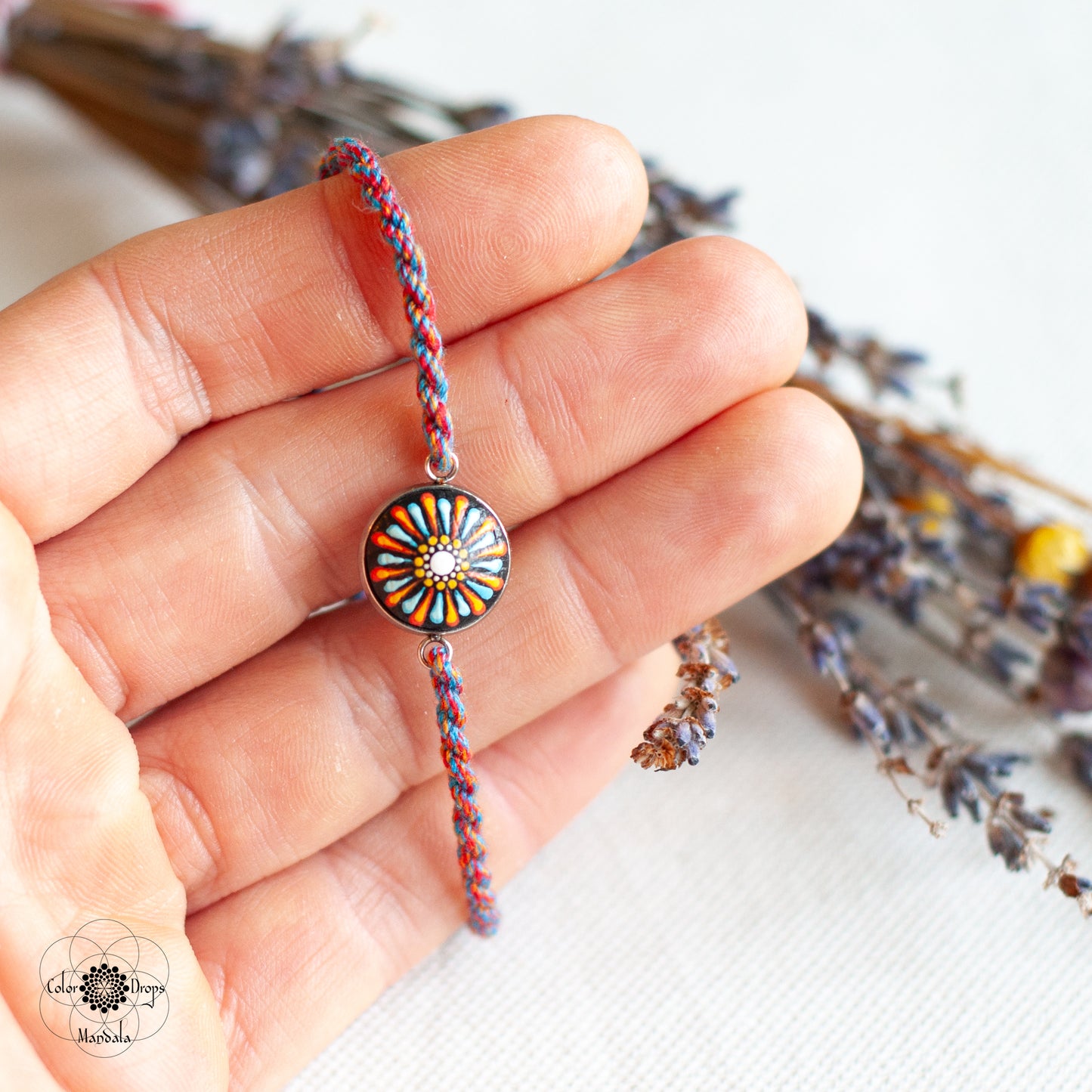 Brățară Mandala cu șnur din bumbac - Portocaliu & Turcoaz