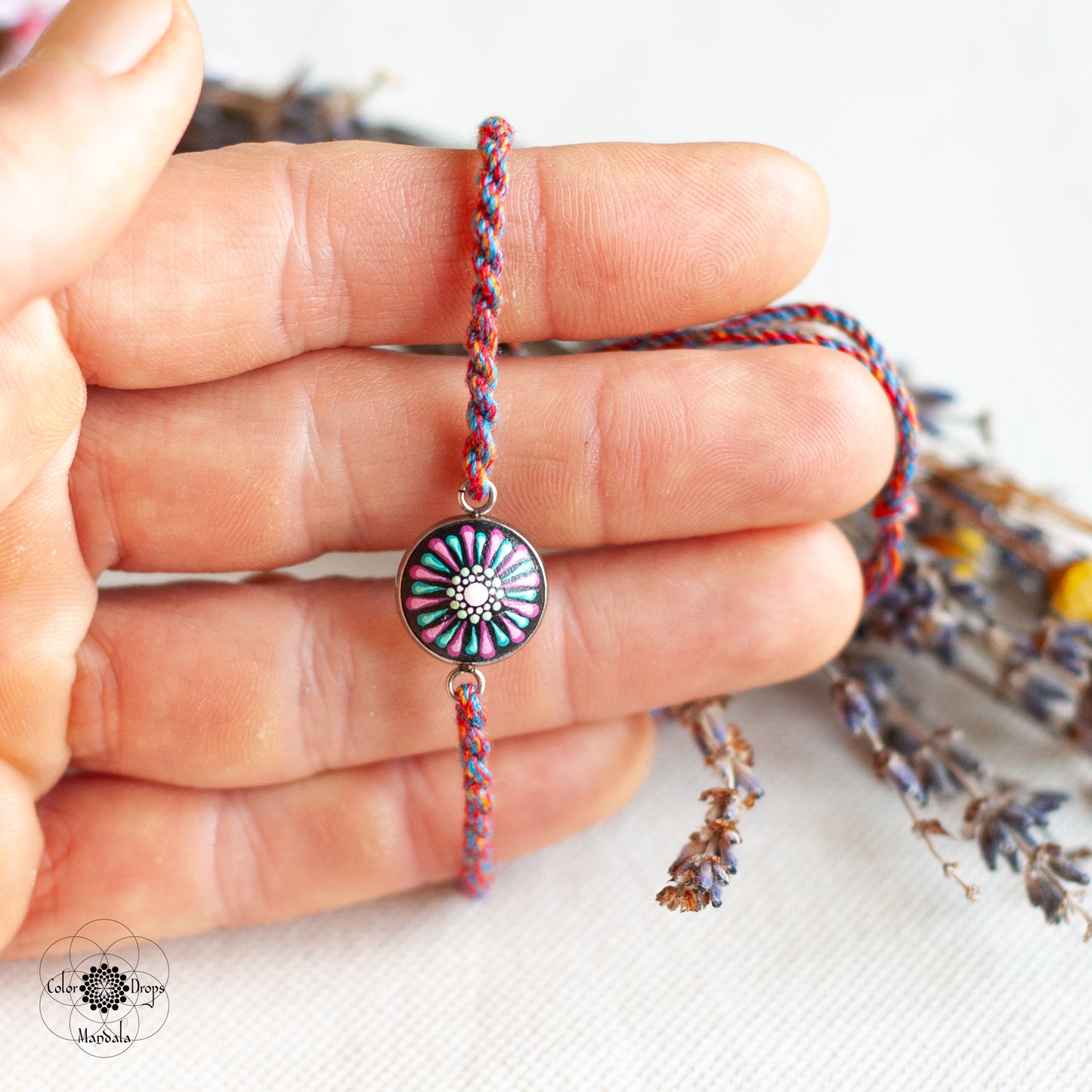 Brățară Mandala cu șnur din bumbac - Roz & Turcoaz