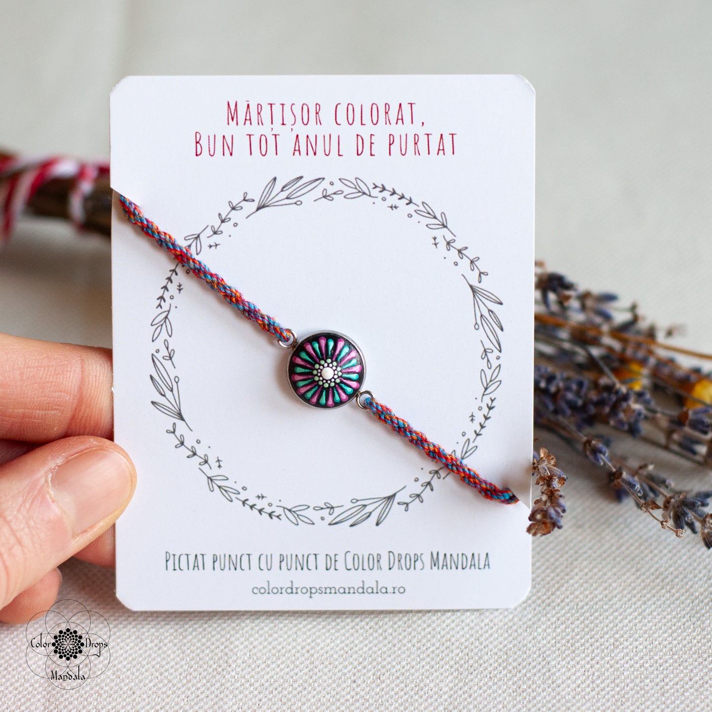 Brățară Mandala cu șnur din bumbac - Roz & Turcoaz